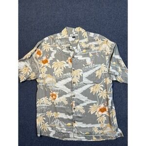 #A059 Tommy Bahama Mens Medium 100% Silk Camp Shirt Island Scenic Palm Tree Gray